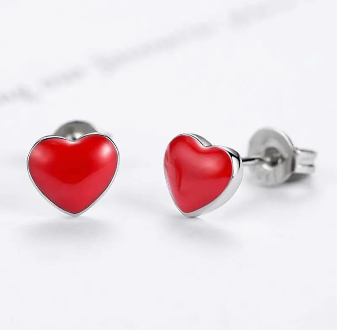Sterling Silver Small Red Heart Stud Earrings