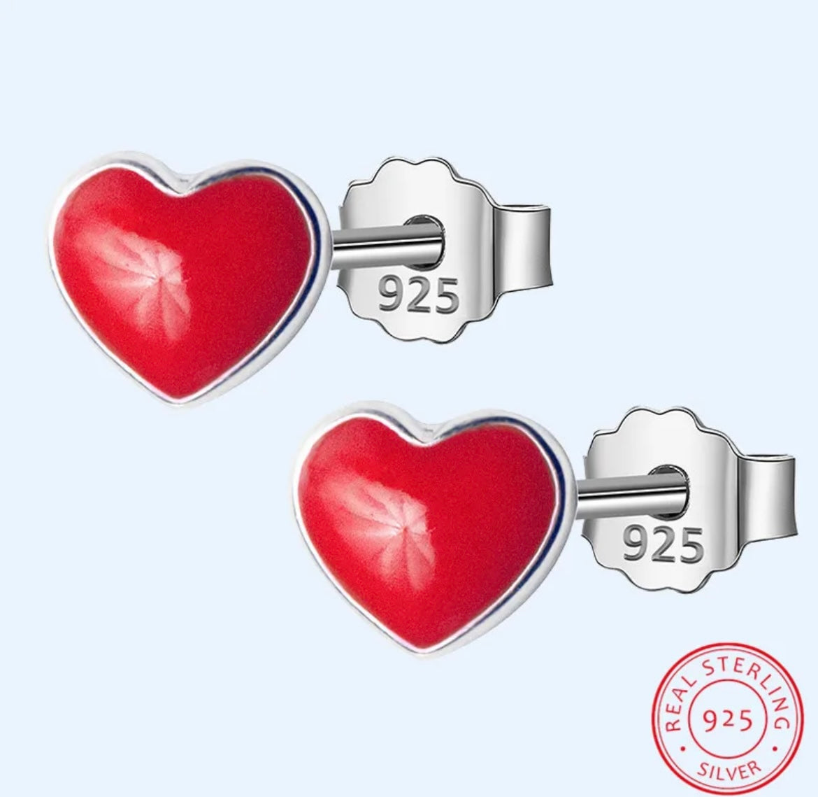 Sterling Silver Small Red Heart Stud Earrings