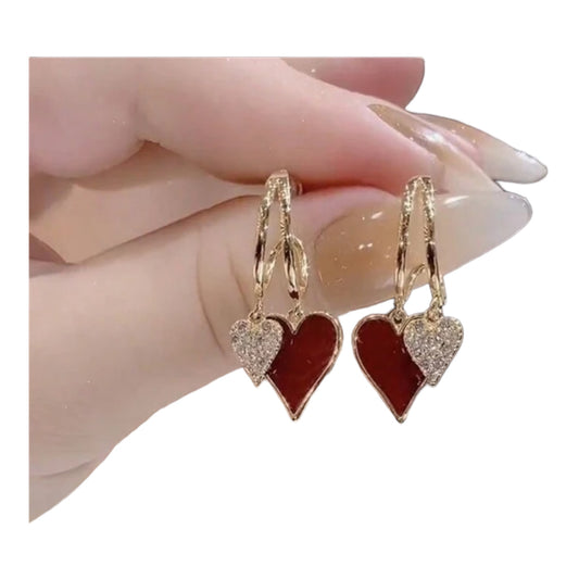 2 Red Heart Rhinestone Hoop Earrings