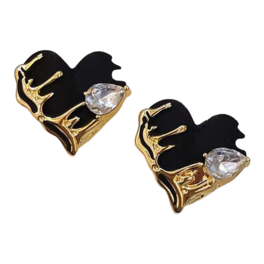 Black, Rhinestone and Gold Melted Stud Earrings