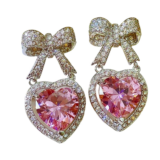 Pink Rhinestone and Ribbon Stud Earrings