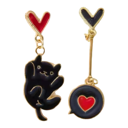 Hang in there Black and Red Cat Stud Earrings