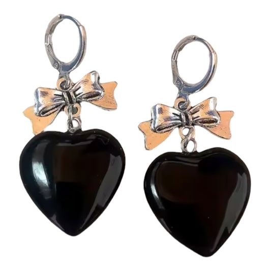 Black Heart Bow Hoop Earrings