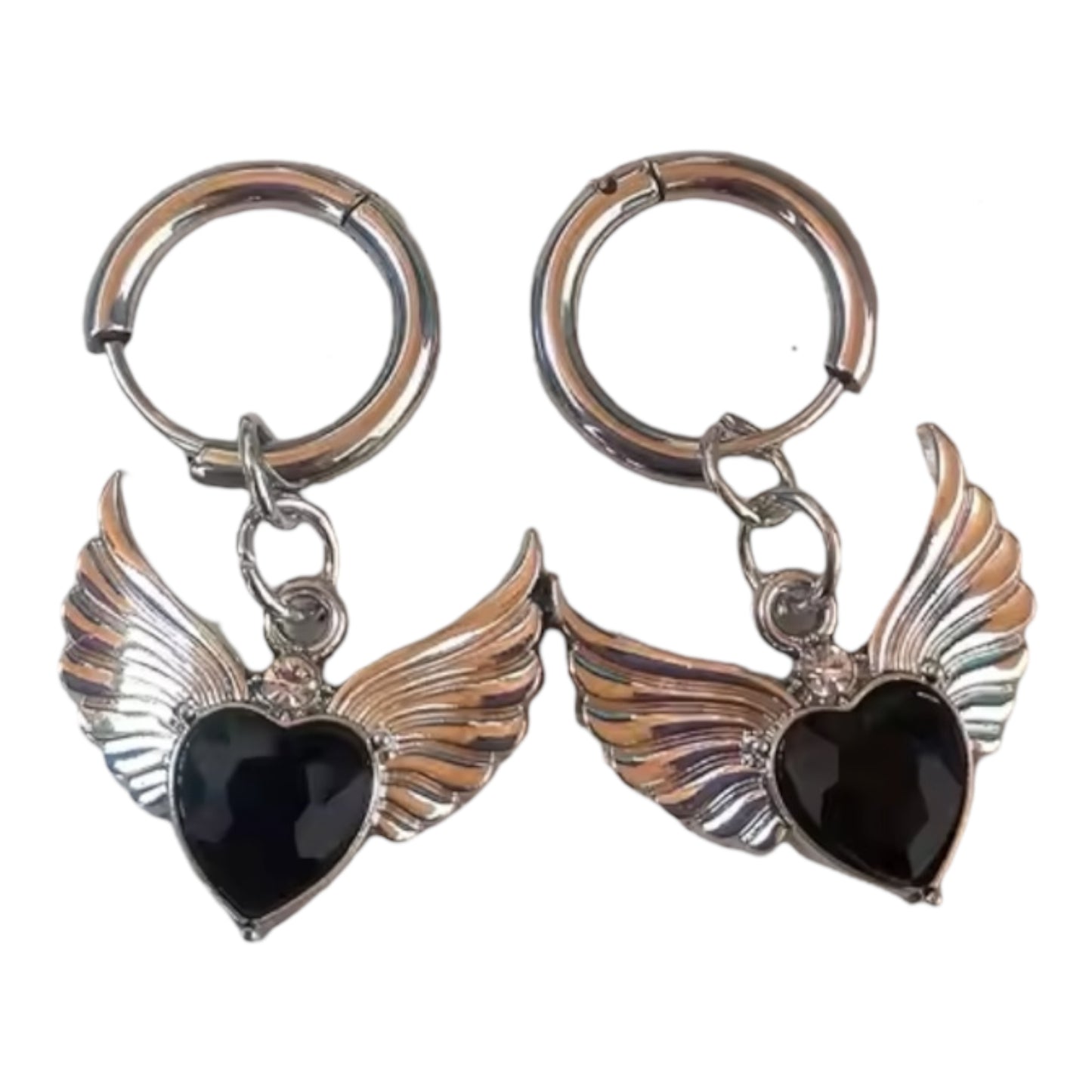 Black Heart Angel Wing Hoop Earrings