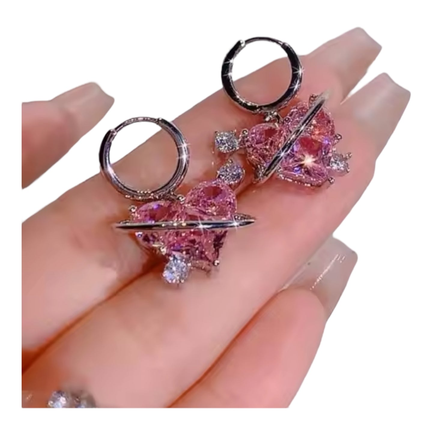 Pink Crystal Space Heart Hoop Earrings