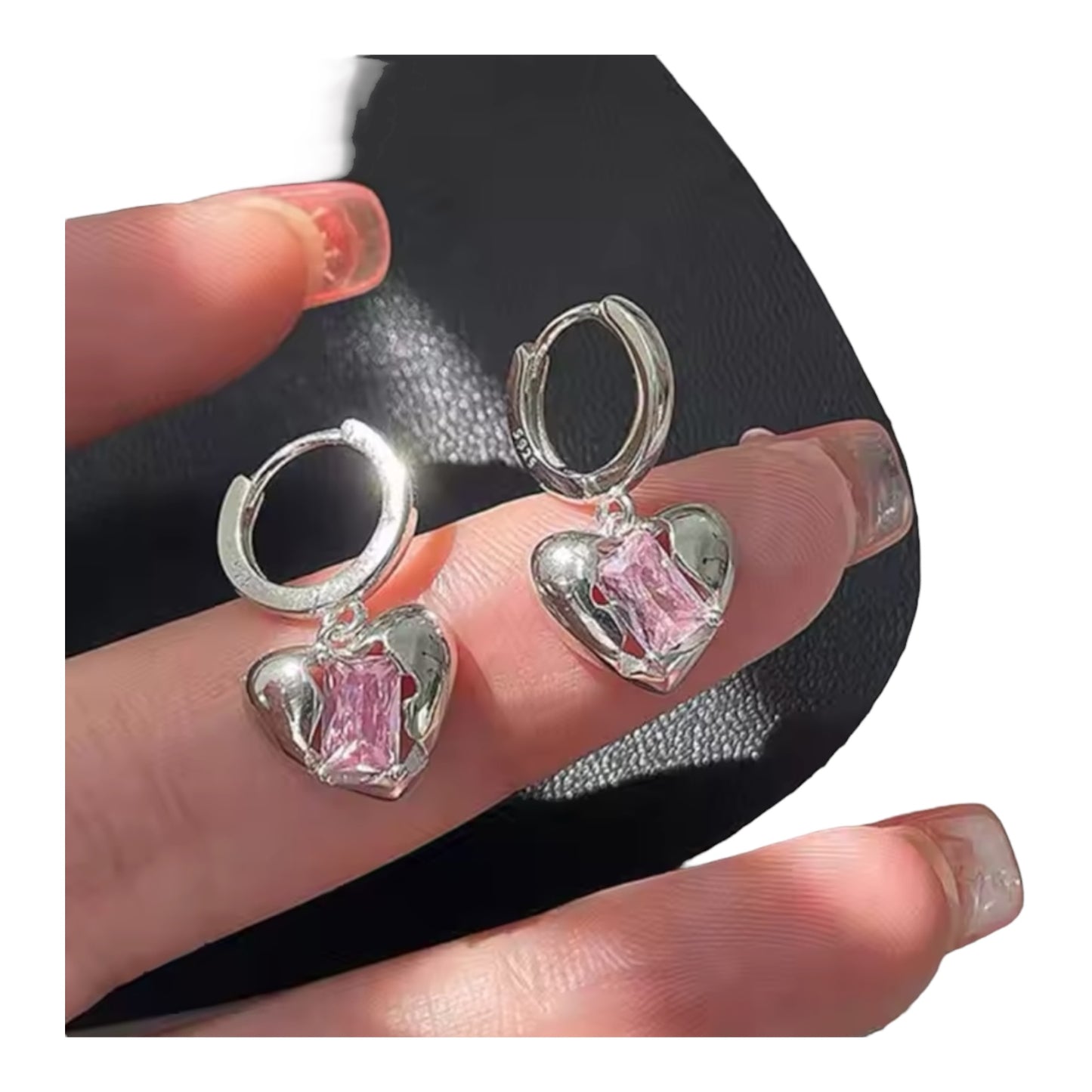 Pink Crystal Space Heart Hoop Earrings