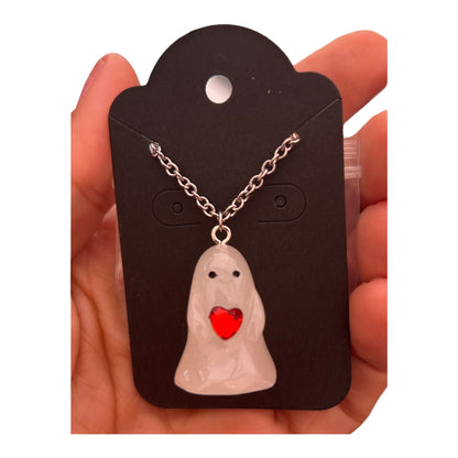 Glow in the Dark Ghost Holding Heart Necklace