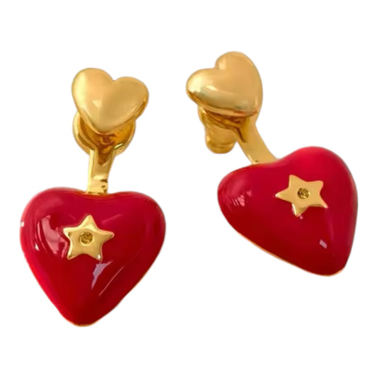 Red Heart with Gold Star Stud Earrings