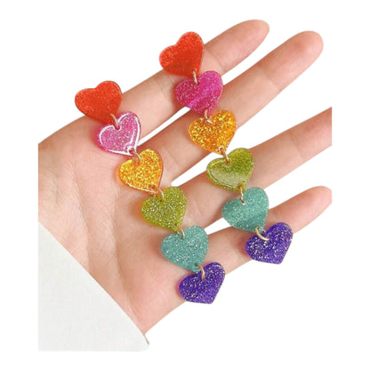 Glitter Cascade Rainbow Heart Stud Earrings