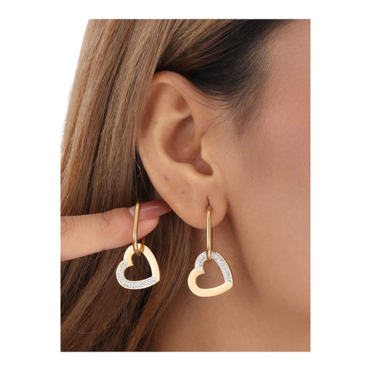 Gold and Rhinestone Drop Heart Hoop Earrings