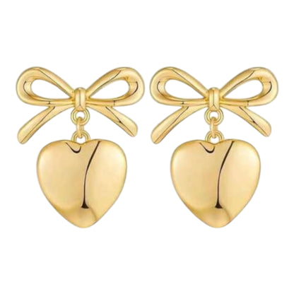 Gold Bow Heart Stud Earrings