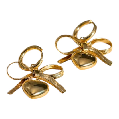 Gold Bow Heart Hoop Earrings