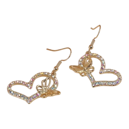 Gold and Crystal Butterfly Heart Dangle Earrings