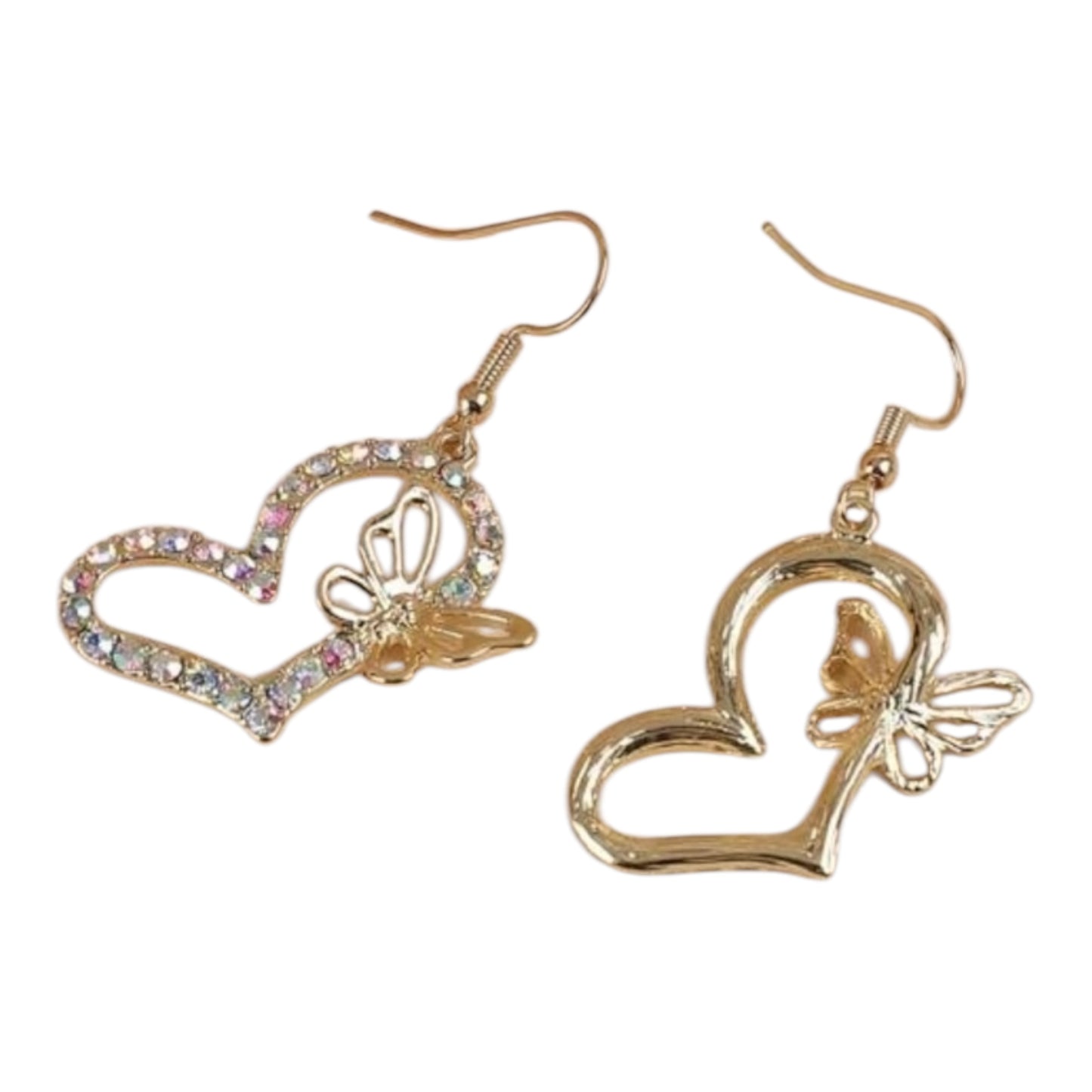 Gold and Crystal Butterfly Heart Dangle Earrings