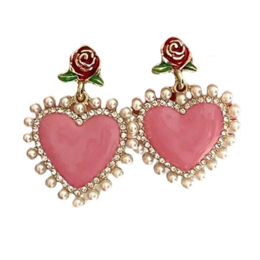 Pink Heart with Pearls and Roses Stud Earrings