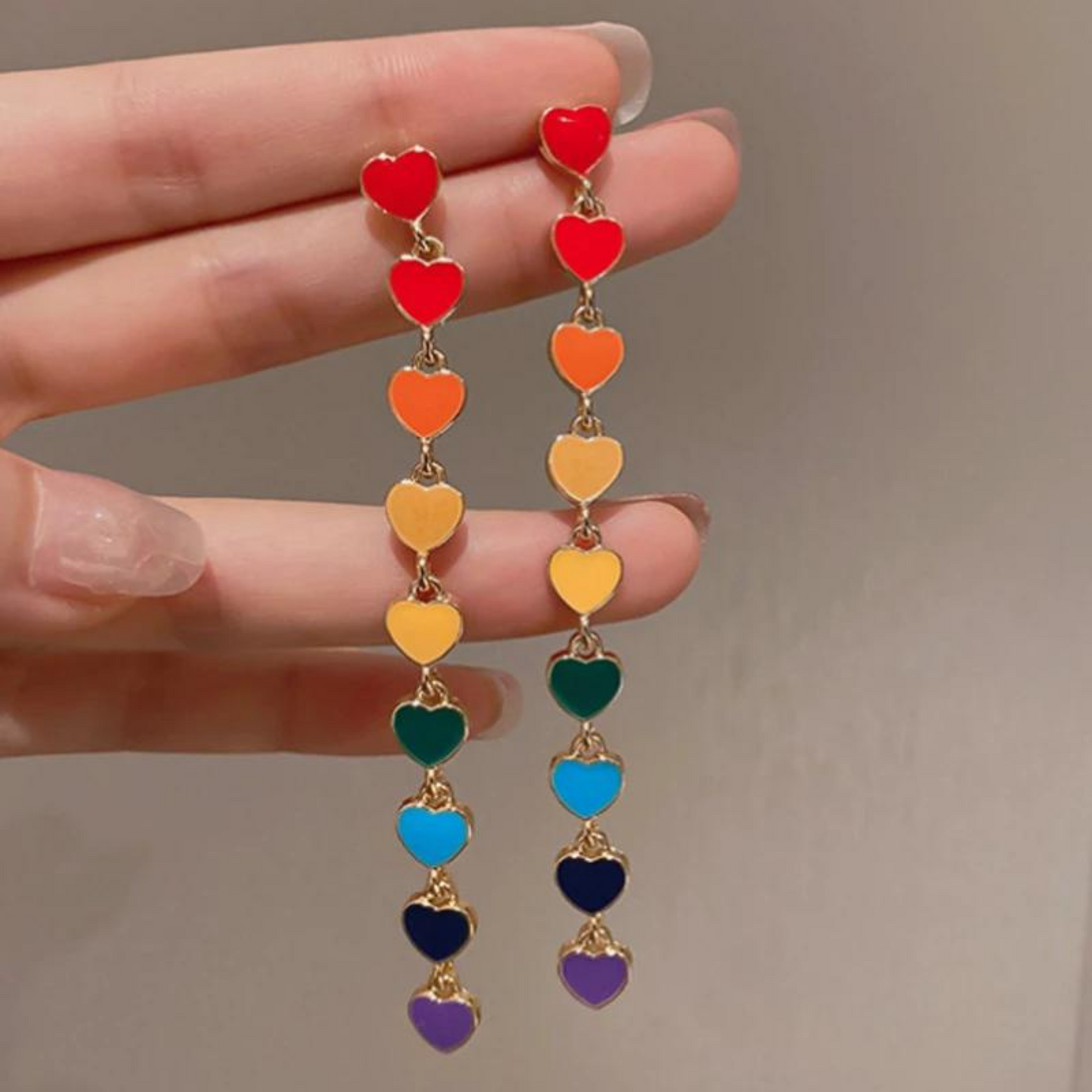 Rainbow Small Heart Tassel Enamel Earrings